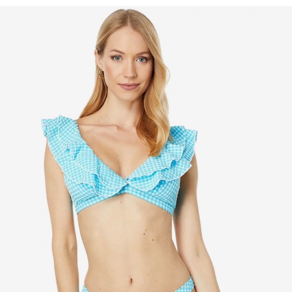 New Lilly Pulitzer Aelin Bikini Swim Top in Crinkle Turquoise Blue Oasis Gingham